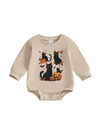Baby Boys Girls Halloween Bubble Romper Long Sleeve Round Neck Black Cat Ghost Print Romper Fall Playsuit