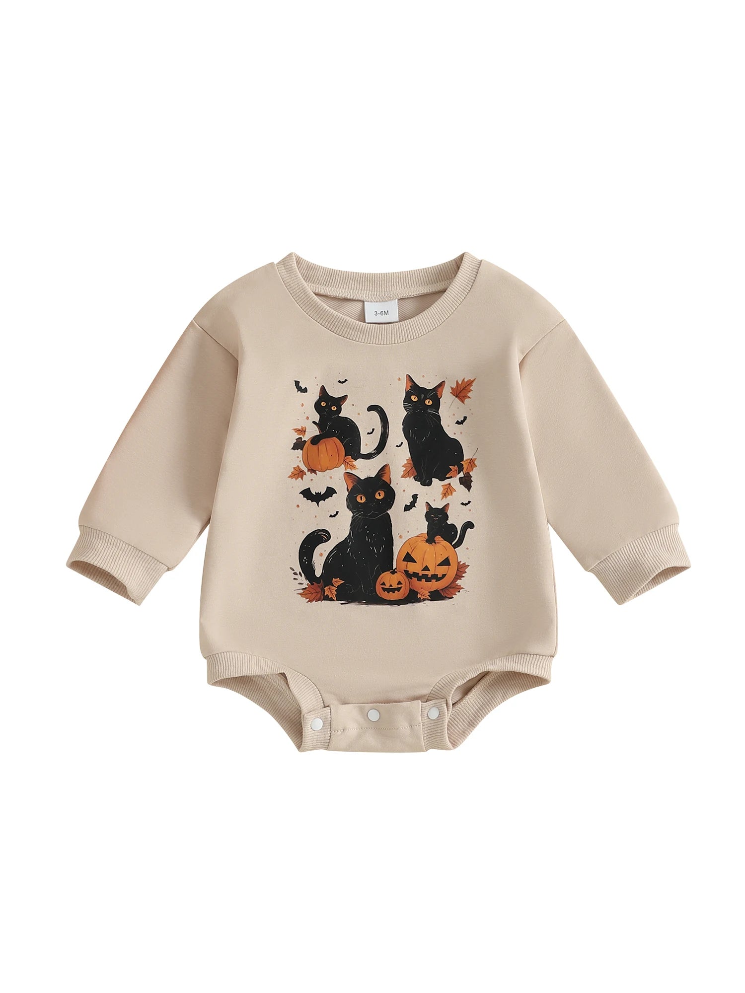 Baby Boys Girls Halloween Bubble Romper Long Sleeve Round Neck Black Cat Ghost Print Romper Fall Playsuit