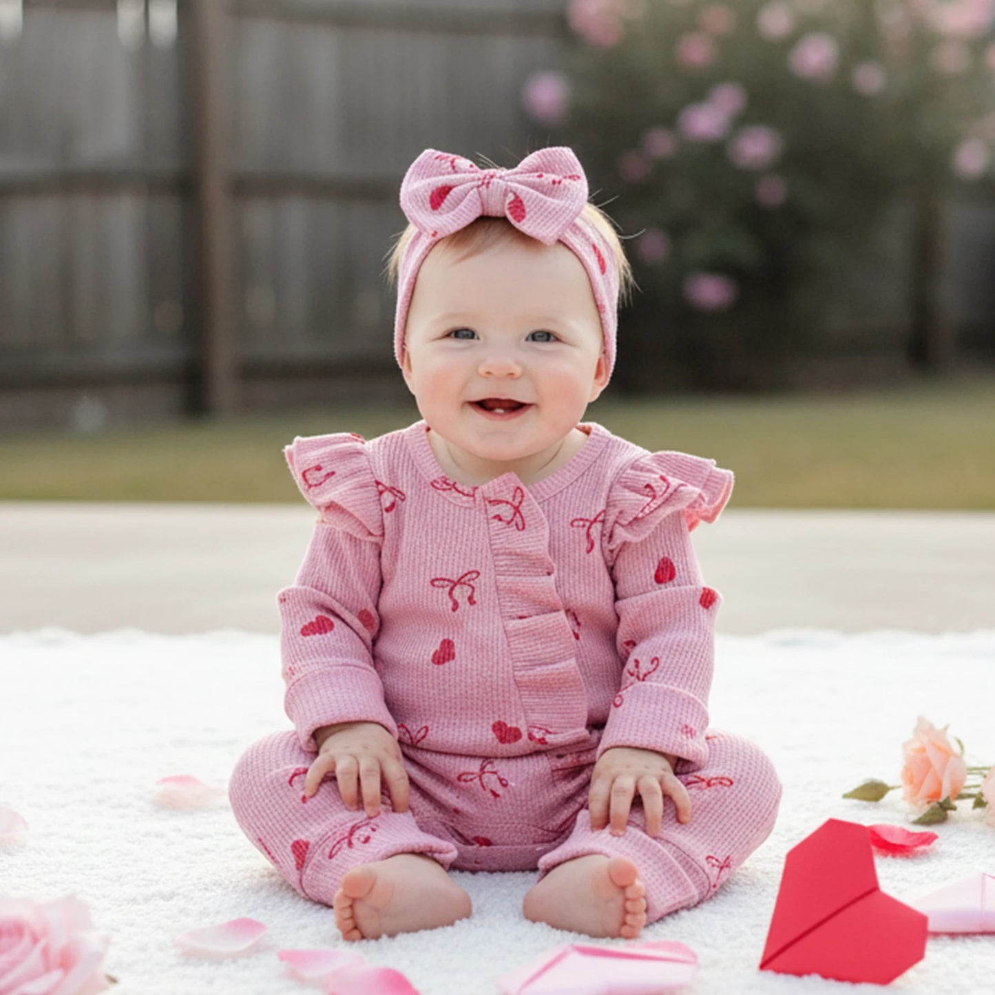 Baby Girls 2Pcs Valentine's Day Romper Outfit Heart Print Ruffle Long Sleeve Jumpsuits Bow Headband Set