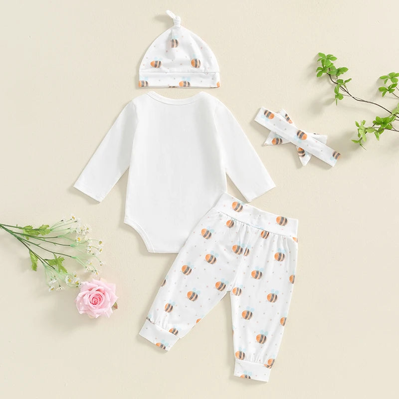 Baby Boys Girls 4Pcs Clothing Set Could I Bee Any Cuter Print Long Sleeve Romper with Pants Headband Hat Outfit