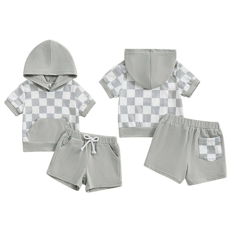 Baby Toddler Boys Girls 2Pcs Short Sleeve Checkerboard Hooded Top with Pocket and Drawstring Shorts Set Outfit