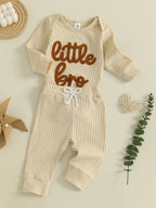 Baby Boy 2Pcs Fall Clothes Letter Little Bro Embroidery Long Sleeve Romper Solid Long Jogger Pants Outfit Set