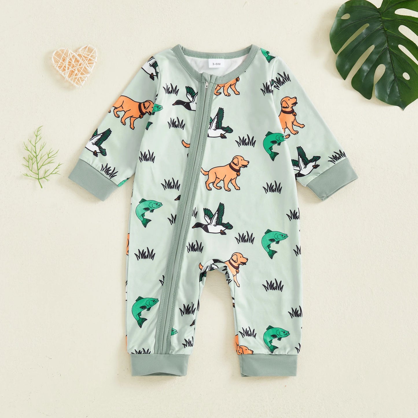 Baby Boys Girls Jumpsuit Casual Long Sleeve Round Neck Animal Grass Print Zipper Romper Footless Newborn Outfit