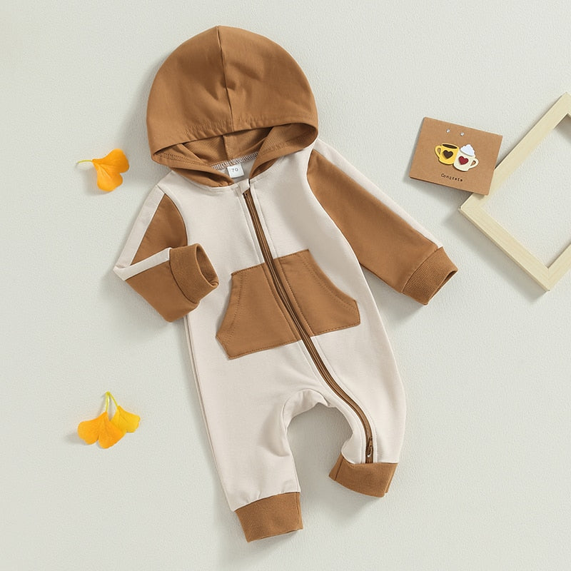 Baby Boy Girl Full Length Jumpsuit Contrast Color Hood Long Sleeve Romper with Zipper