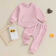 Load image into Gallery viewer, Toddler Baby Boy Girl 2Pcs Set Crewneck Solid Color Long Sleeve Top with Pocket Jogger Pants Outfit
