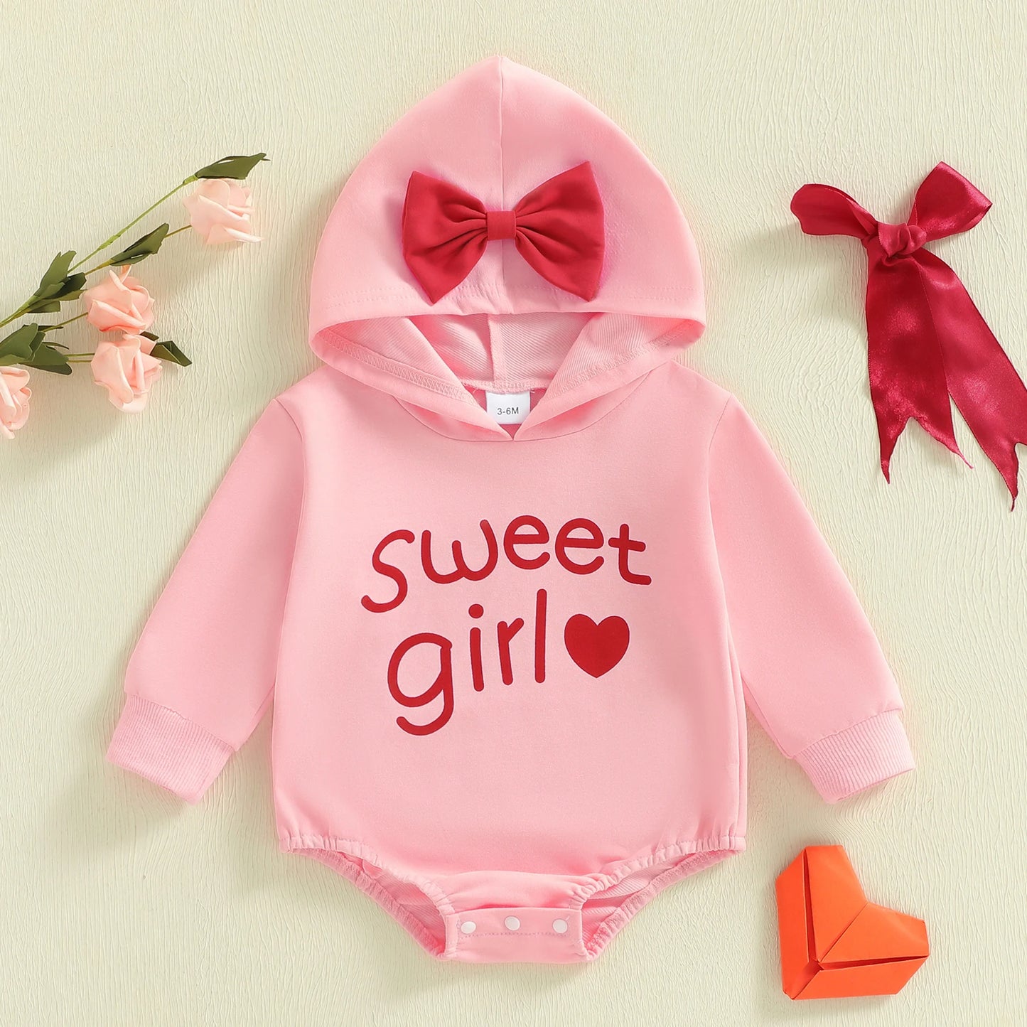 Baby Girl Bow Hooded Romper Letter Sweet Girl Heart Print Long Sleeve Jumpsuit Casual Bodysuit