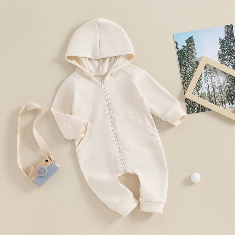 Baby Boy Girl Zipper Romper Long Sleeve Hooded Jumpsuit Solid Color Warm Bodysuit