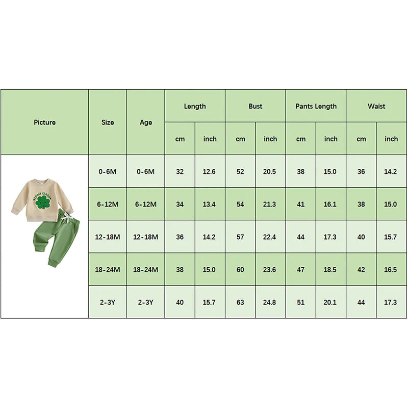 Baby Toddler Boys Girls 2Pcs Spring Outfit Lucky Charm Shamrock Letter Embroidery Long Sleeve Crew Neck Top with Drawstring Pants Jogger Set