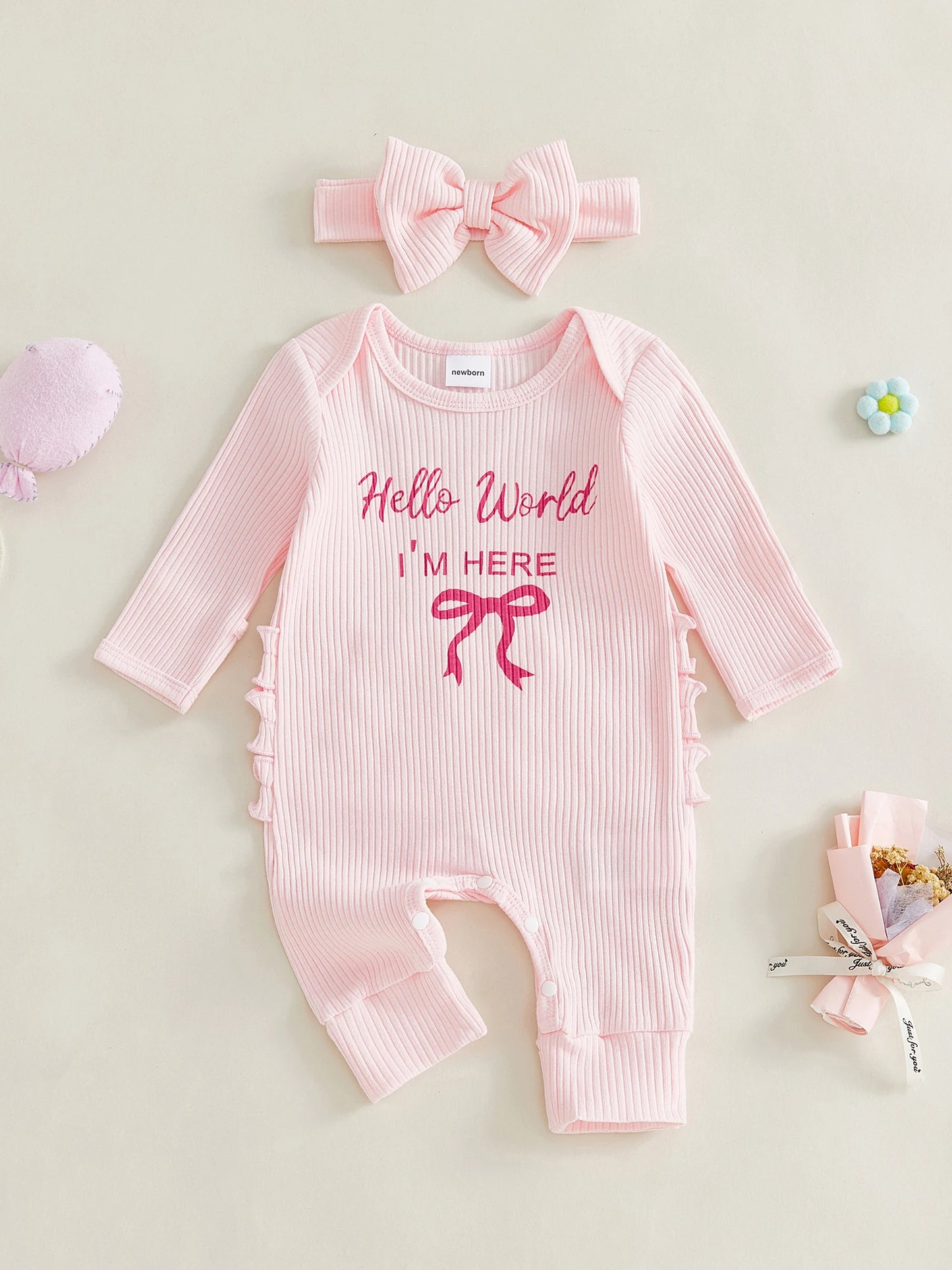 Baby Girl 2Pcs Hello World I'm Here Outfit Long Sleeve Crew Neck Letters Bow Print Romper with Bow Headband Set
