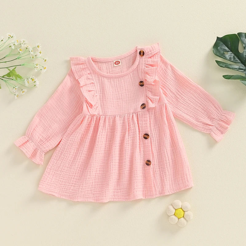 Baby Toddler Girls Autumn A-line Princess Poof Long Sleeve Crewneck Solid Color Button Dress