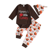 Load image into Gallery viewer, Baby Boys Girls 3Pcs Thanksgiving Outfits Long Sleeve Bodysuit Turkey Pants Hat Set
