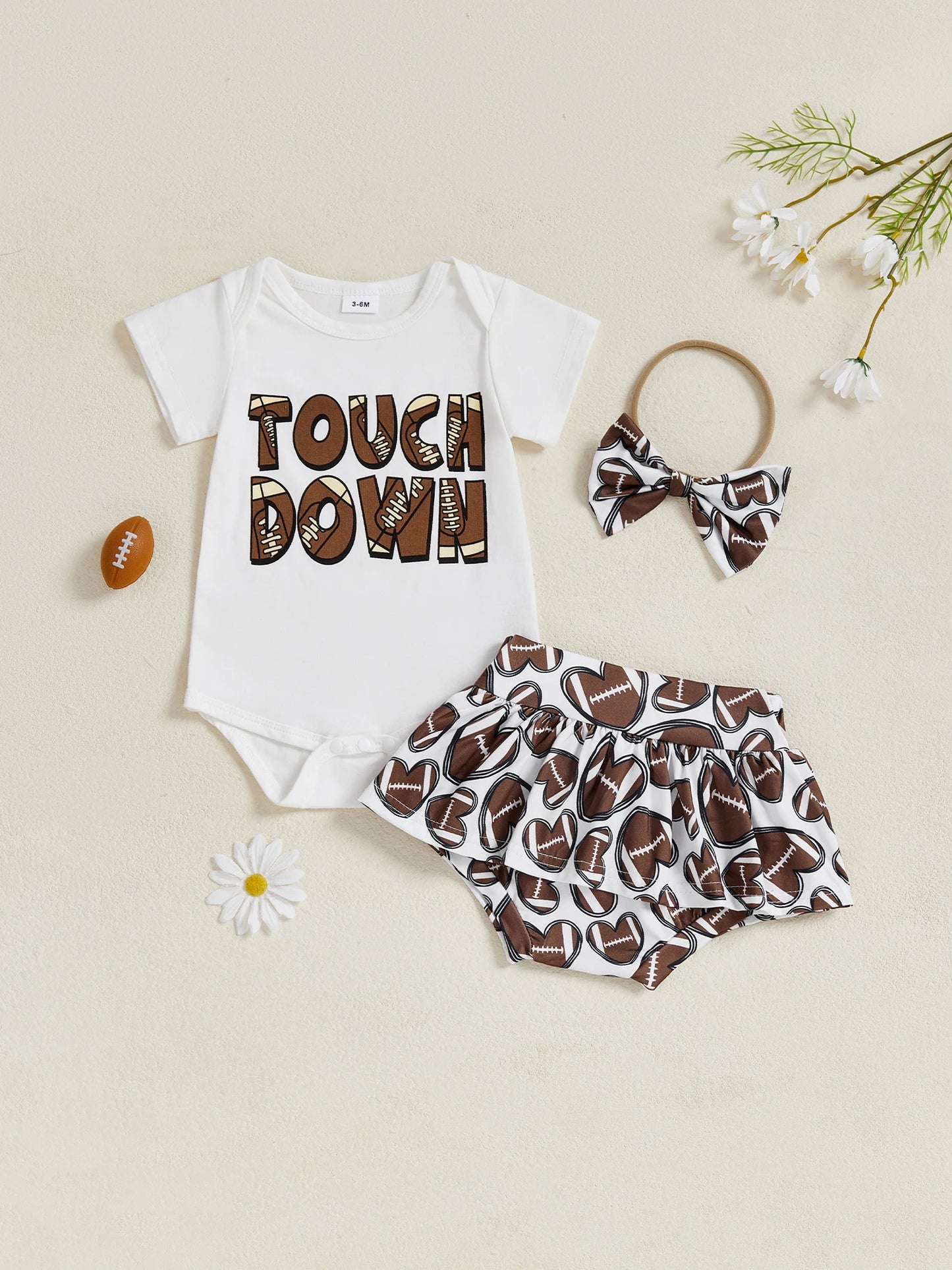 Baby Girls 3Pcs Touch Down Outfit Football Letter Print Romper Skirted Shorts Skort and Headband Bow Set