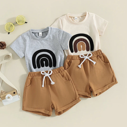 Toddler Baby Boy Girl 2Pcs Summer Outfit Rainbow Embroidery Short Sleeve Top with Solid Color Shorts Set