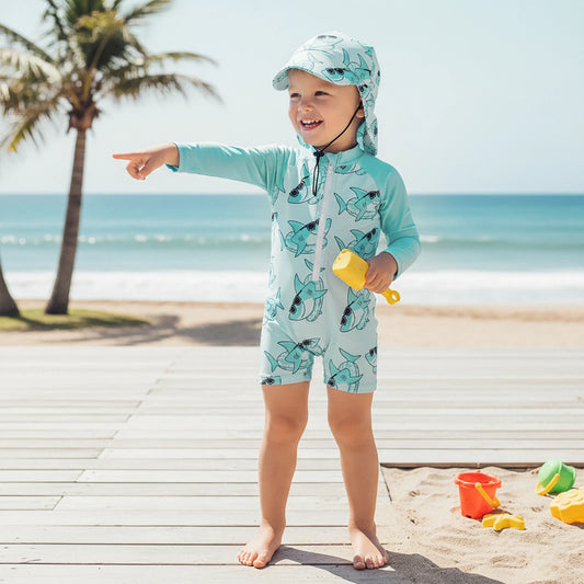 Baby Toddler Boys 2Pcs Rash Guard Swimsuit Shark Print Long Sleeve Zip Up Bathing Suit with Sun Cap Hat Set