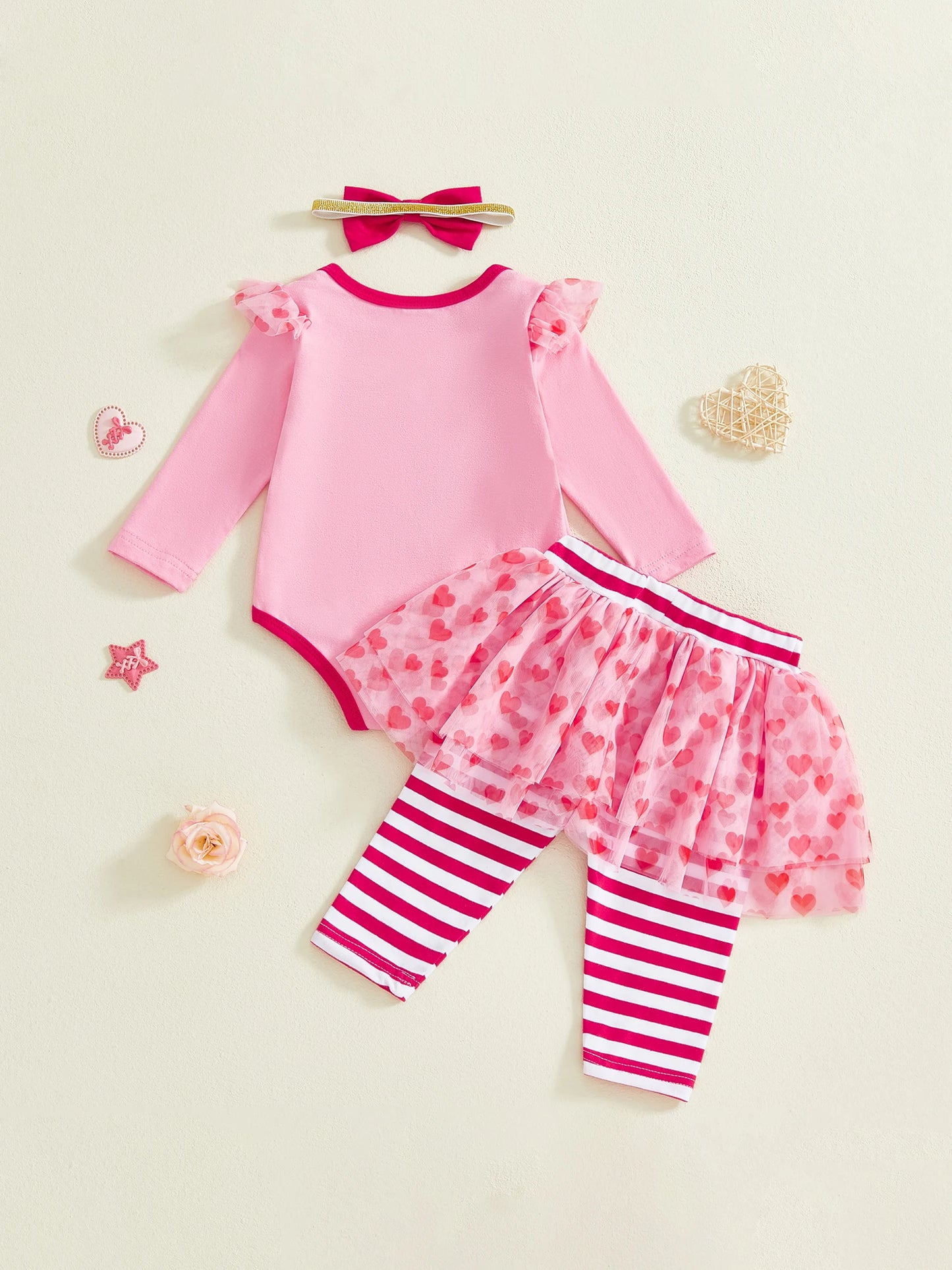 Baby Girl 3Pcs Valentines Day Outfit Heart Ruffle Long Sleeve Romper Striped Skirt Pants and Bow Headband 3 Piece Set