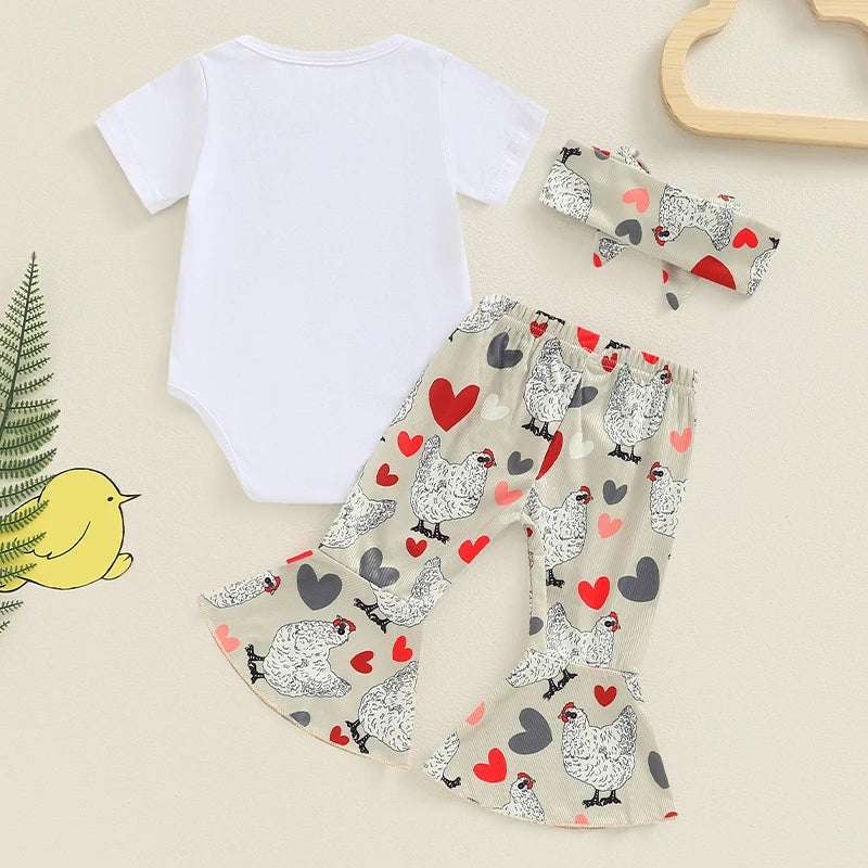 Baby Girls 3Pcs Give Me A Peck / Professional Chicken Chaser Short Sleeve Romper Chicken Print Flared Pants Headband Set Outfit