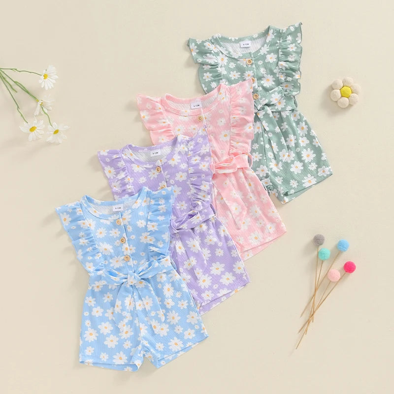 Baby Toddler Girls Summer Jumpsuit Ruffle Sleeveless Round Neck Floral Flower Print Belted Romper Shorts Playsuit