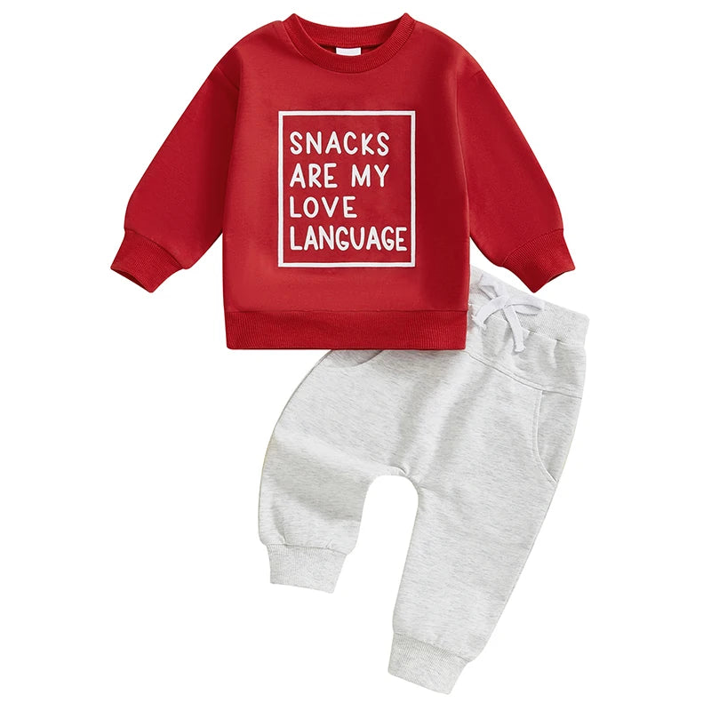 Baby Toddler Boys 2Pcs Snacks Are My Love Language Fall Outfit Letter Print Long Sleeve Top and Long Pants Jogger Set