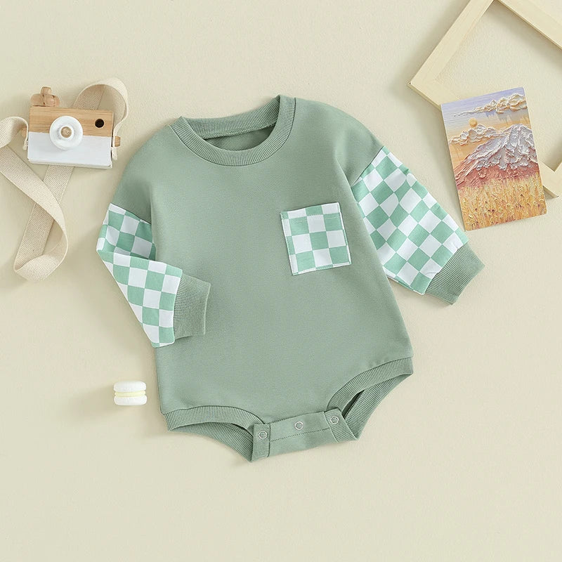 Baby Toddler Boy Girl Crewneck Plaid Checker Contrast Color Bubble Rompers Long Sleeve Jumpsuit