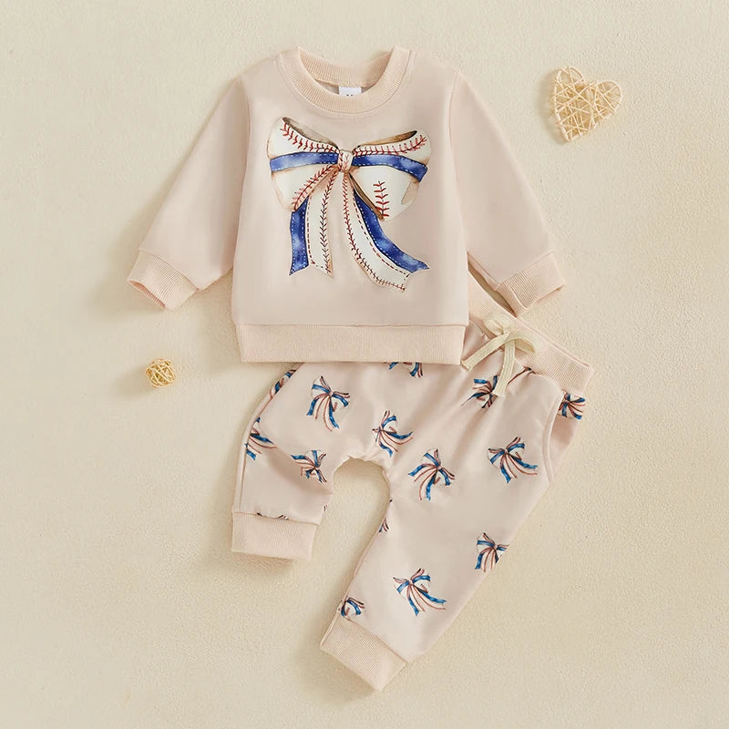 Baby Toddler Girls 2Pcs Fall Outfit Football / Baseball Bow Print Long Sleeve Crewneck Top and Elastic Pants Jogger Set