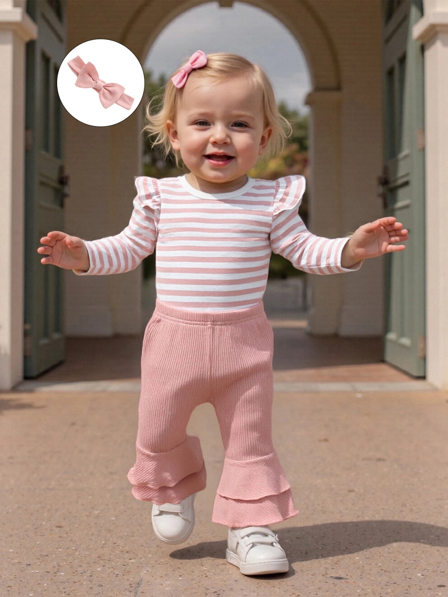 Baby Girls 3Pcs Spring Outfit Long Sleeve Striped Romper with Flare Pants and Headband Clothing Set