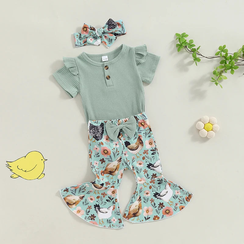 Baby Girl 3Pcs Romper Outfit Ribbed Ruffled Short Sleeve Jumpsuit with Floral / Chicken Flare Pants Headband Set