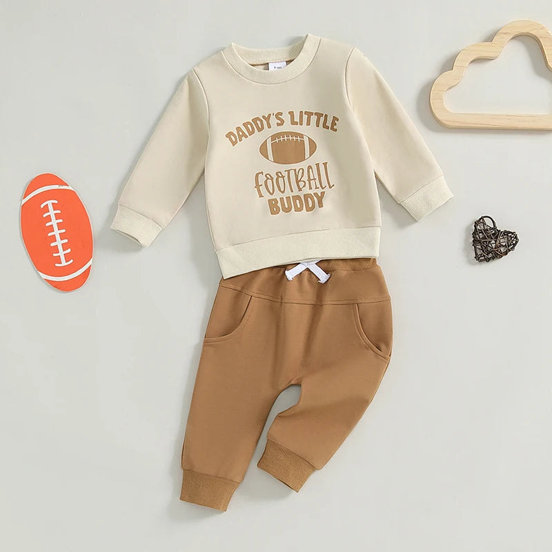 Baby Toddler Boys 2Pcs Game Day / Daddy's Little Football Buddy Fall Outfit Letter Print Long Sleeve Top and Elastic Pants Set