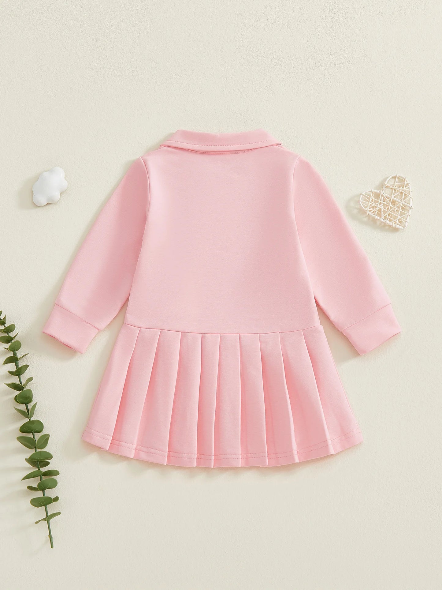 Baby Toddler Girls Casual Dress Long Sleeve Button Closure Embroidery Golf Cart Pleated Fall Dress