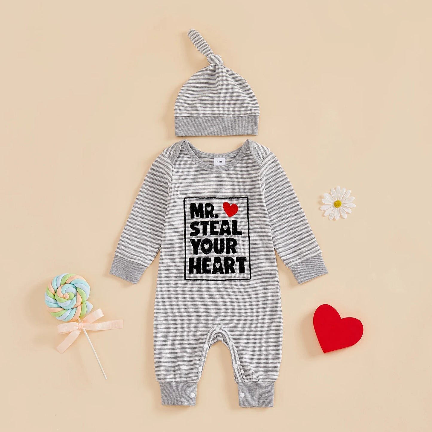 Baby Boys 2Pcs Valentine's Day Mr. Steal Your Heart / Mommy Is My Valentine Jumpsuit Set Long Sleeve Crew Neck Stripes Letters Romper with Hat Outfit