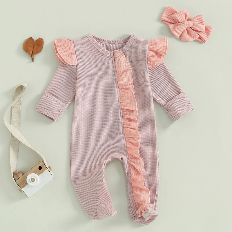 Baby Girls 2Pcs Outfit Long Sleeve Crew Neck Frills Zipper Romper Contrast Color Footies and Headband Set