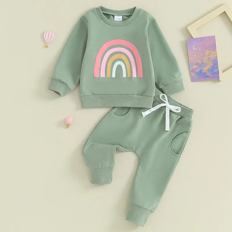 Baby Toddler Girls Boys 2Pcs Long Sleeve Rainbow Print Top & Long Pants Set Outfits