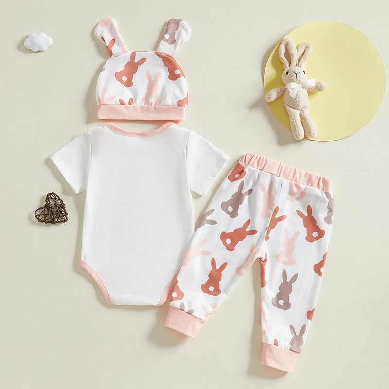 Baby Girl Boy 3Pcs My First 1st Easter Outfit Bunny Print Short Sleeve Romper Bodysuit Long Pants Hat with Rabbit Ears Spring Set