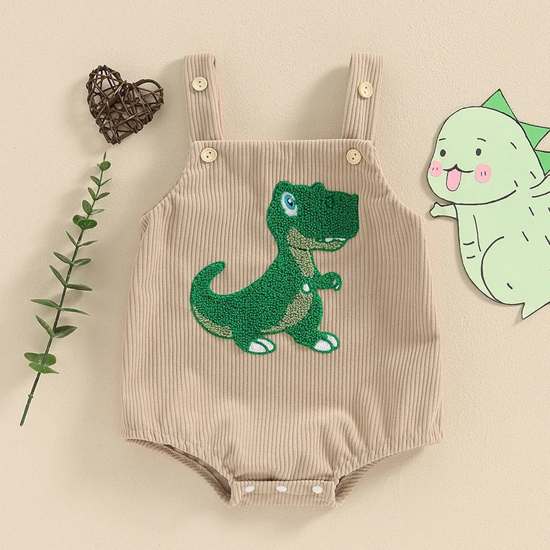 Baby Girls Boys Summer Romper Sleeveless Dinosaur Shark Rainbow Embroidery Button Ribbed Tank Top Overalls Romper