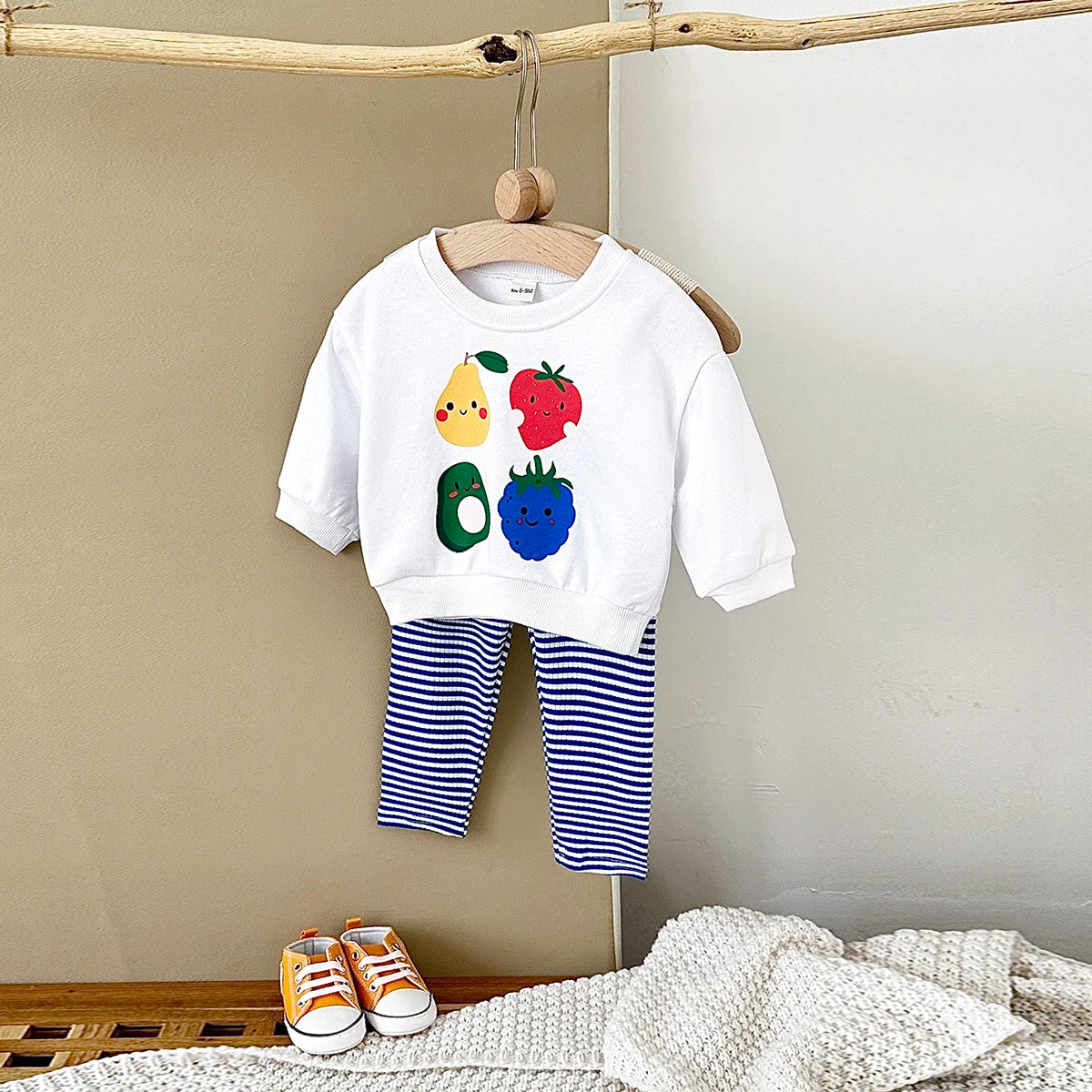 Baby Toddler Boys Girs 2Pcs Fruit Print Pullover Long Sleeve Top + Striped Pants Outfit Set