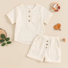 Load image into Gallery viewer, Baby Toddler Boys 2Pcs Single Breasted Round Neck Button Top Solid Color Shorts Casual Outfit Set
