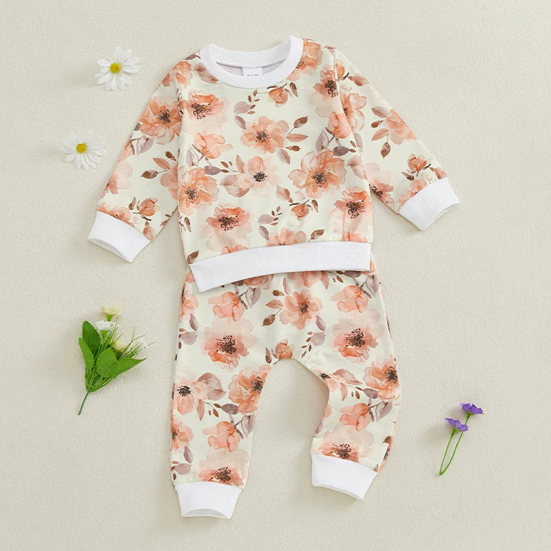 Baby Toddler Girl 2Pcs Spring Fall Outfit Long Sleeve Flower Print Top + Pants Jogger Set