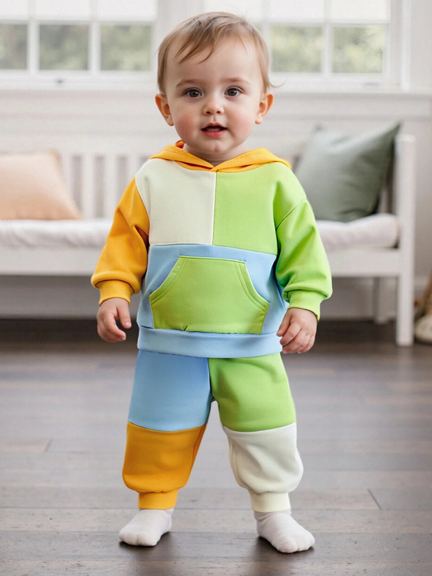 Baby Toddler Boys Girls 2Pcs Fall Outfit Loose Fit Contrast Color Long Sleeve Hoodie and Pants Jogger Set