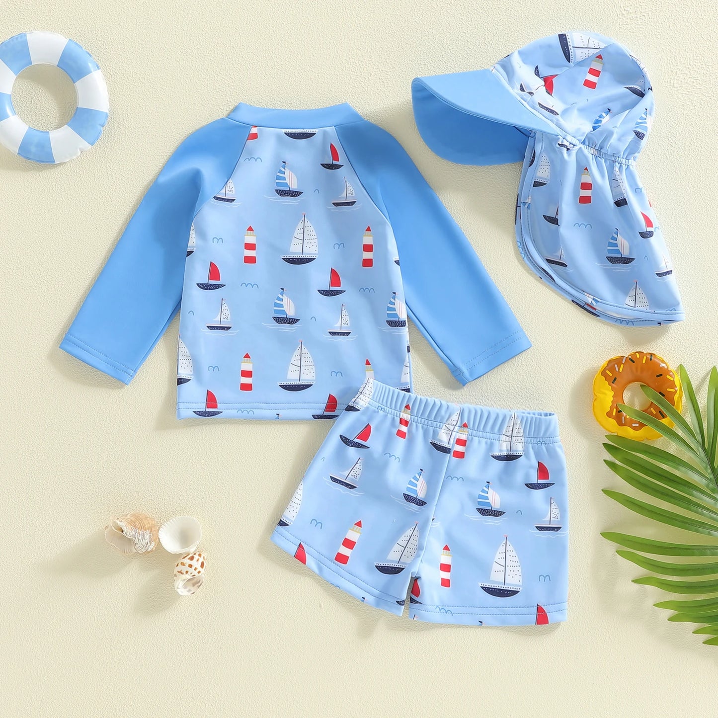 Baby Toddler Boys 3Pcs Rash Guard Swimsuits Long Sleeve Shark/Sailboat Print Bathing Suit Top and Shorts Swimwear with Hat Set