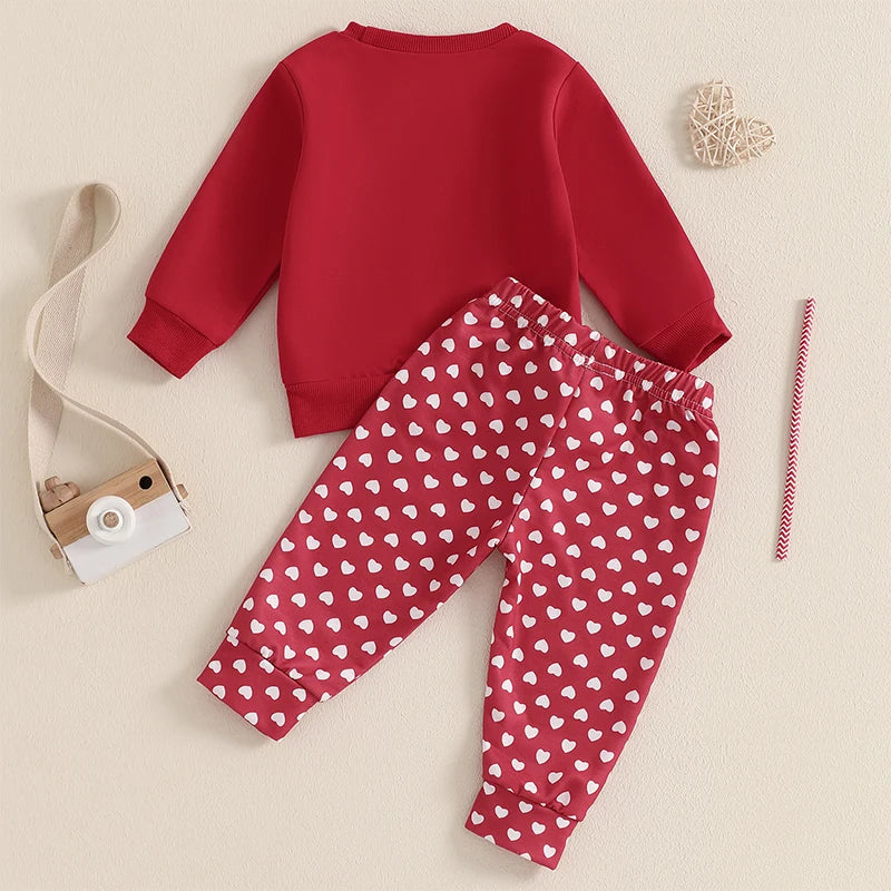 Baby Toddler Girls 2Pcs Daddy's Valentine Valentine's Day Outfit Letter Print Long Sleeve Crewneck Top with Heart Pattern Long Jogger Pants Valentines Set