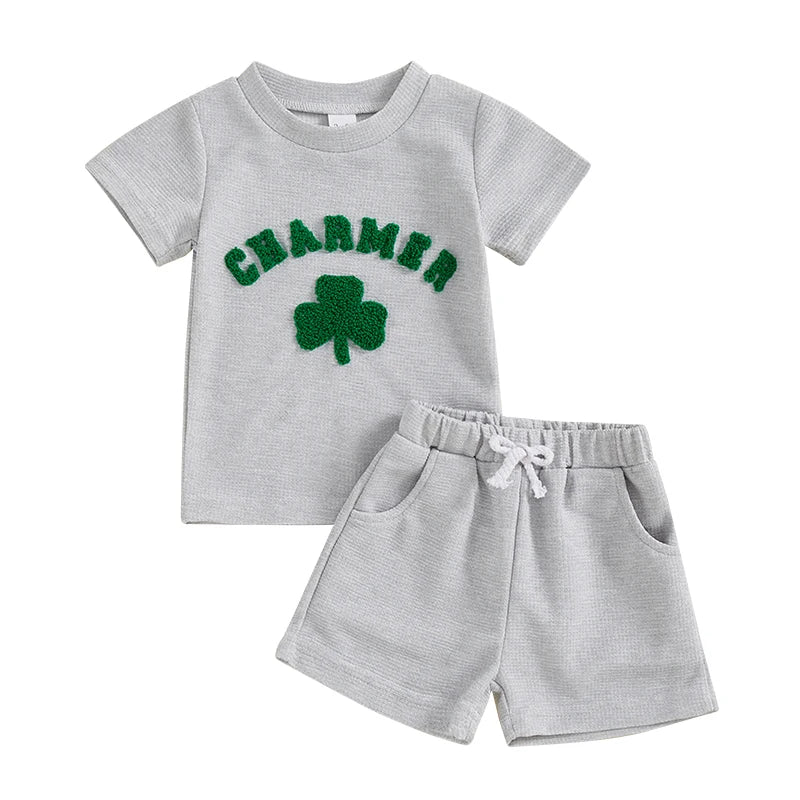 Baby Toddler Boys Girls 2Pcs St. Patrick's Day Clover Charmer Waffle Short Sleeve Shirt Top Spring and Shorts Set Clothes