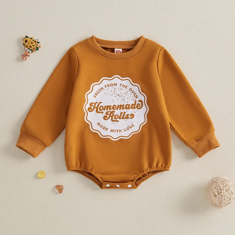 Baby Girls Boys Homemade Rolls Bubble Romper Thanksgiving Letter Print Long Sleeve Fall Bodysuit