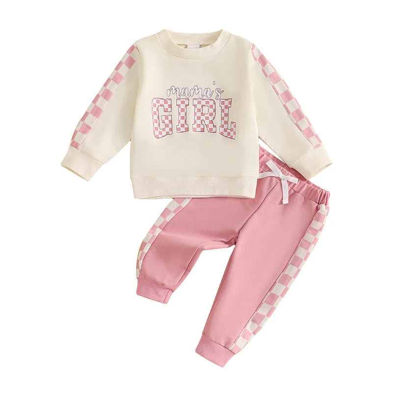 Baby Toddler Boys Girls 2Pcs Mama's Boy / Girl Outfit Checkered Letter Print Long Sleeve Crewneck Top and Elastic Pants Jogger Set