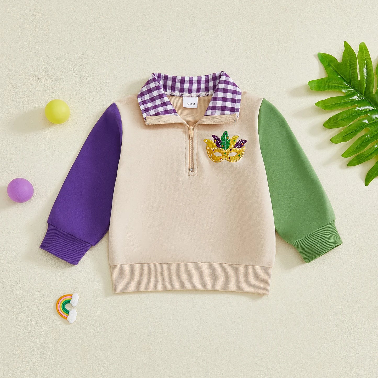Baby Toddler Boys Collared Top Fashionable Cute Mardi Gras Mask Embroidery Long Sleeve Pullover