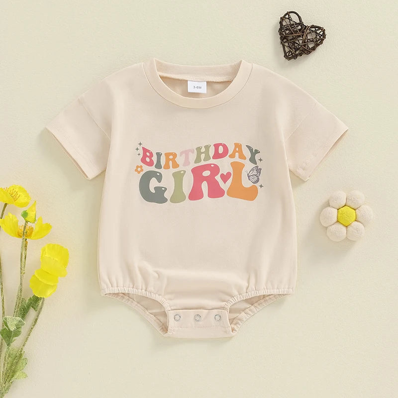 Baby Girl Birthday Romper Short Sleeve Round Neck Letter Butterfly Print Bodysuit Playsuit