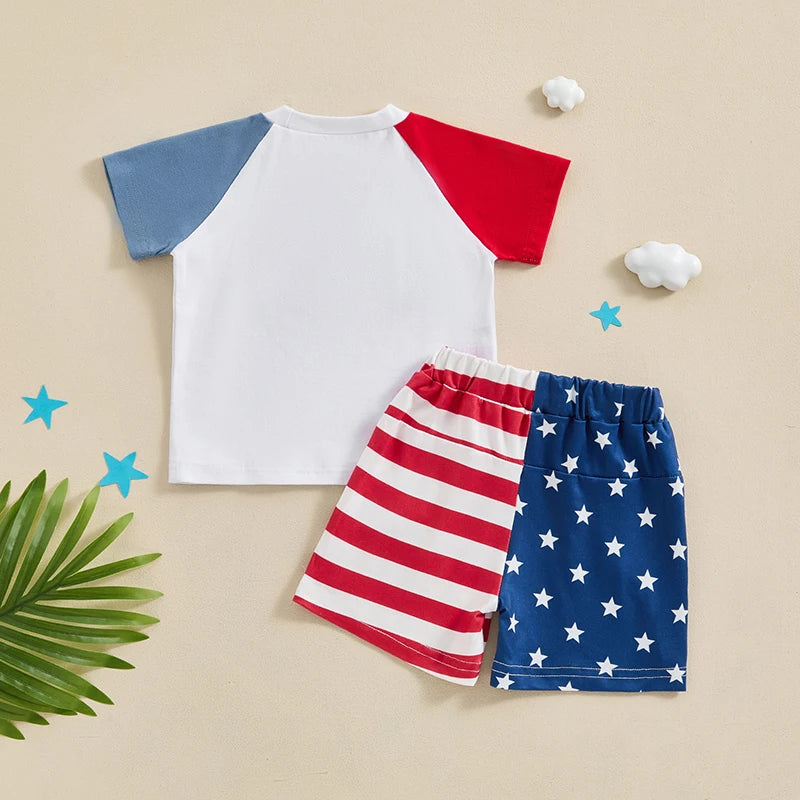 Baby Toddler Boys 2Pcs 4th of July White Short Sleeve USA Letter Embroidery Top Star Stripe Print Shorts Set