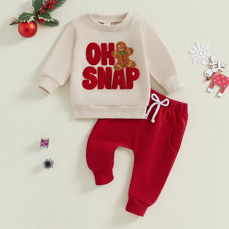 Baby Toddler Boys Girls 2Pcs Christmas Outfit Long Sleeve Oh SNAP Gingerbread Man Embroidery Top Pants Jogger Set Winter