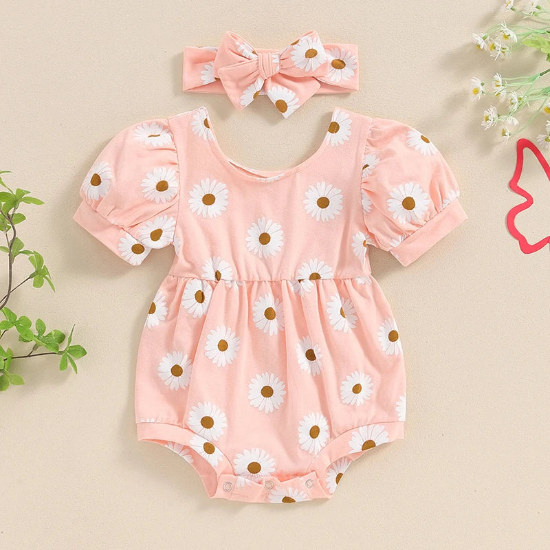 Baby Girls 2Pcs Summer Romper Flower Print Short Puff Sleeve O Neck Floral Bodysuit with Headband