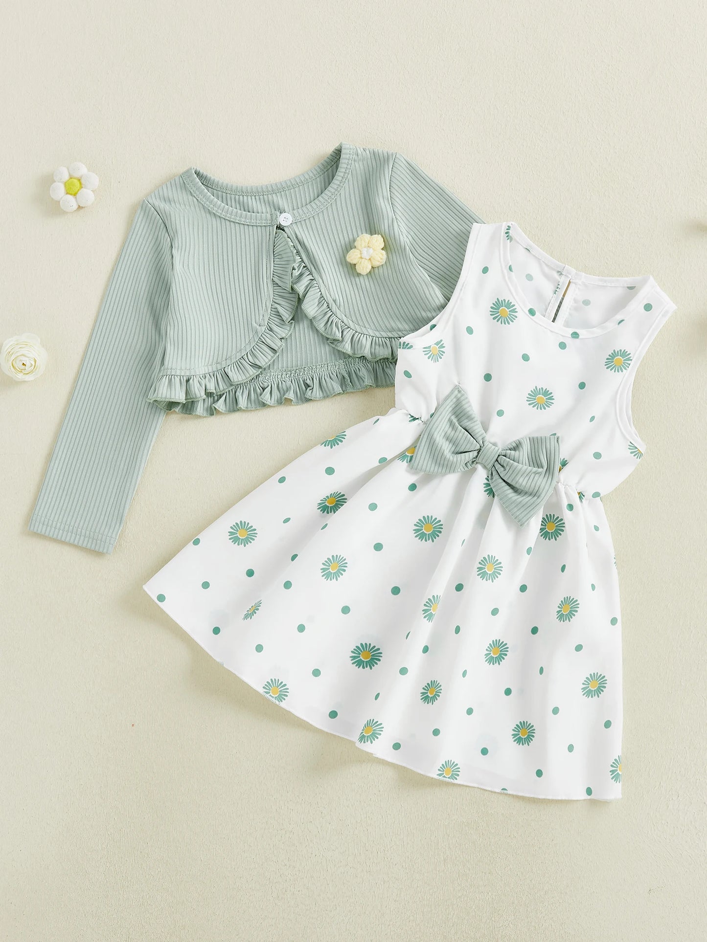 Toddler Kids Girl 2Pcs Spring Outfit Flower Long Sleeve Ruffle Cardigan and Sleeveless A-line Dress 2 Piece Set