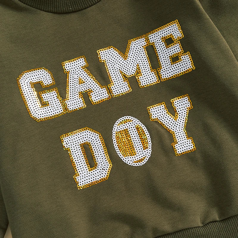 Baby Toddler Boys Girls Fall GAME DAY Football Sequin Letter Embroidery Long Sleeve Crew Neck Pullover Top