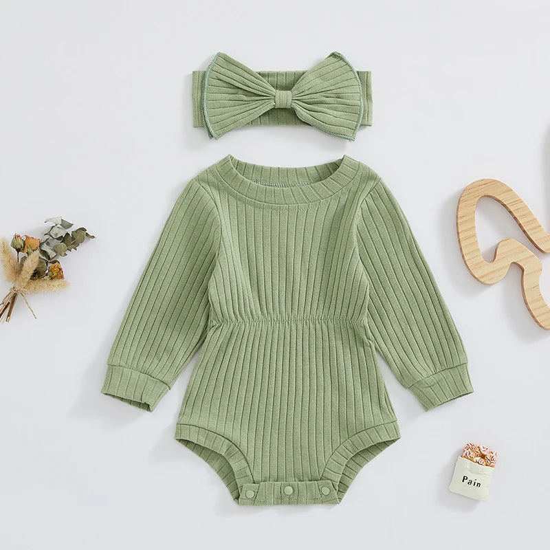 Baby Girls Spring Fall Solid Color Round Neck Long Sleeve Ribbed Romper Bow Headband Set